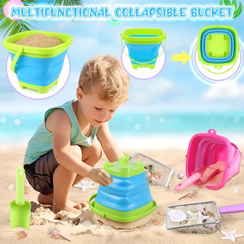 FHOZGECY Beach Toys, 8PCS Sand Toys with 2 Collapsible Beach Buckets and 2 Sand Shovels, 2 Beach Mesh Shovels with 2 Seashell Bags for Shell Collecting, Shark Tooth Sifter for Kids Adults Boys Girls