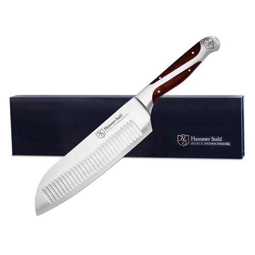 7.5 Inch Japanese Style Santoku Knife | Hammer Stahl | High Carbon Stainless Steel Kitchen Knife | Razor Sharp Multipurpose Chopping Knife for Meat, Vegetable & Fruit | Ergonomic Handle & Gift Box