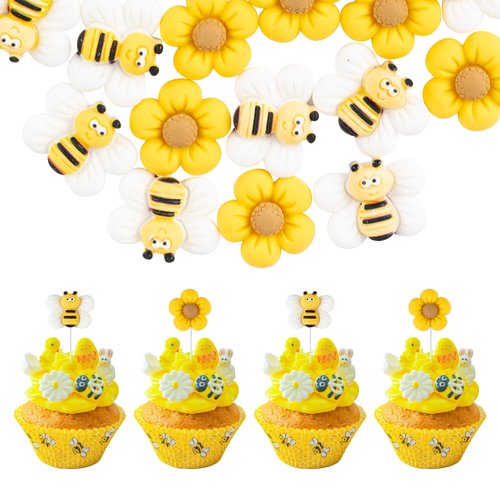 Gyufise 24Pcs Bumble Bee Cupcake Toppers Oh Babee Flower Cupcake Picks Babyshower Cake Decoration...