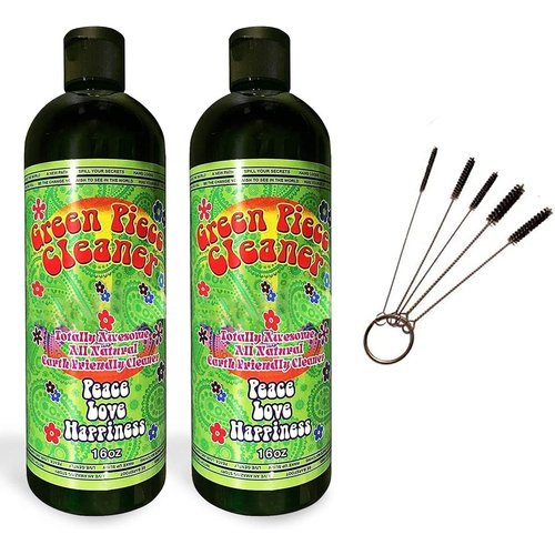 Green Piece® Glass Cleaner 2 Bottles-16 oz and 5 Piece Mini Metal Nylon Tube Pipe Cleaner Brush Set with Keychain Ring Combo