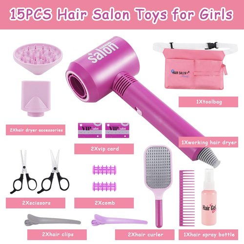 Lflwacy 15PCS Hair Salon Toys for Girls，Kids Beauty Salon Toy Kit Pretend Hair Styling Set with Blow Dryer, Stylist Toolbag，Scissors and Stylist Accessories