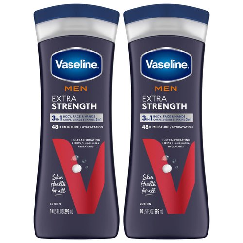 Vaseline Lotion for Men Extra Strength 3-in-1 for Face, Hands & Body + Original Lip Therapy for Dry Lips with Petroleum Jelly (3 Piece Set)