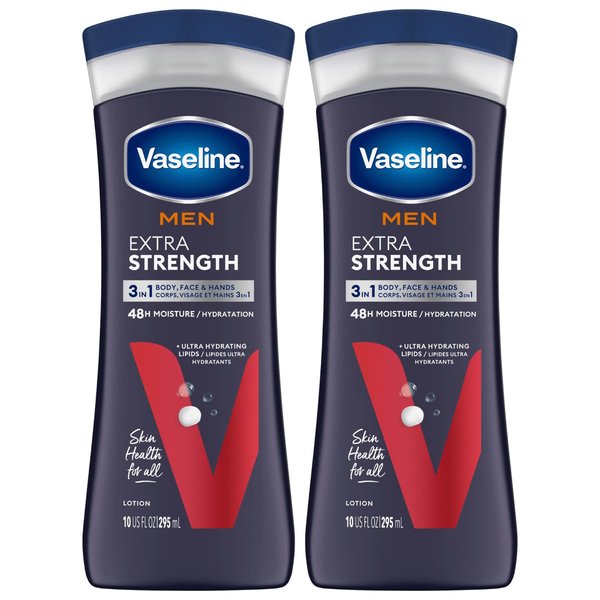 Vaseline Lotion for Men Extra Strength 3-in-1 for Face, Hands & Body + Original Lip Therapy for Dry Lips with Petroleum Jelly (3 Piece Set)