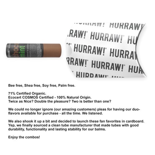 Hurraw! Chocolate & Mint Lip Balm: Plastic-Free with new cardboard push-up tube. Certified Organic, 100% Natural Origin, Vegan, and Cruelty Free. Gluten Free. Bee, Shea, Soy and Palm Free. Made in USA