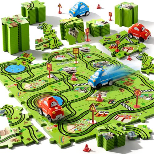 Beby Buty 48 PCS Puzzle Race Track Car Set Toys for Kids Boys, Toddler Toys Gifts for 3 4 5 Year Old Boys, Puzzle Tracks Car Toys for Boys Ages 3-5 4-6, Ideal 3 4 5 6 Year Old Boys Birthday Gifts