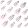 MERVF Medium Press on Nails Almond Fake Nails Press ons 3D Sliver French Tip Glue on Nails Goth Stiletto Acrylic Nails with Chrome Design 24pcs Glossy