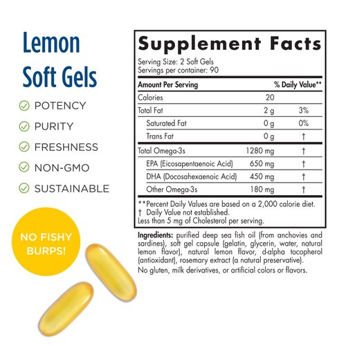 Nordic Naturals ProOmega, Lemon Flavor - 180 Soft Gels - 1280 mg Omega-3 - High-Potency Fish Oil with EPA & DHA - Promotes Brain, Eye, Heart, & Immune Health - Non-GMO - 90 Servings