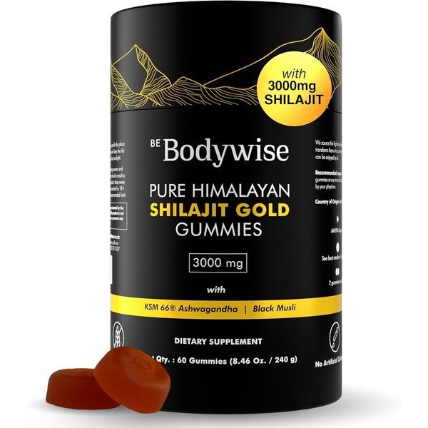 Be Bodywise Pure Himalayan Shilajit Gummies Gold I Lab Tested I No Added Sugar I Ashwagandha, Gokshura| Fulvic Acid & 85+ Trace Minerals I for Men, Women I Non-GMO I 100% Natural & Organic I 60 Gummy