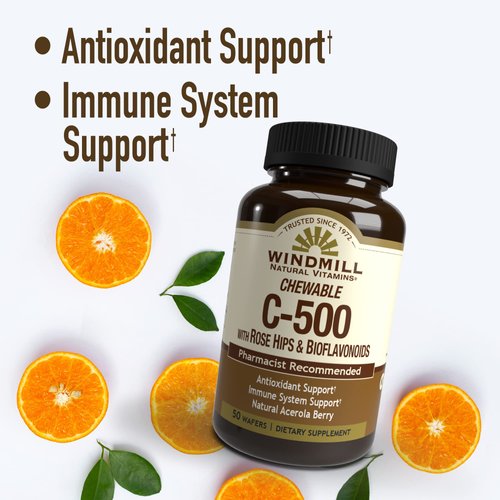Windmill Natural Vitamins Vitamin C 500 mg, with Rose HIPS and Bioflavonoids, Immune Booster, Antioxidant Support, Chewable Tablets, Acerola Berry, 50 Tablets, 50 Servings