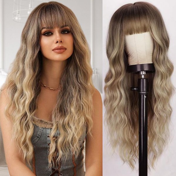Long Wavy Wig with Bangs Natural Wavy Ash Blonde Wigs for Women Synthetic Wig Real Hair Replacement Wigs for Daily Christmas New Year