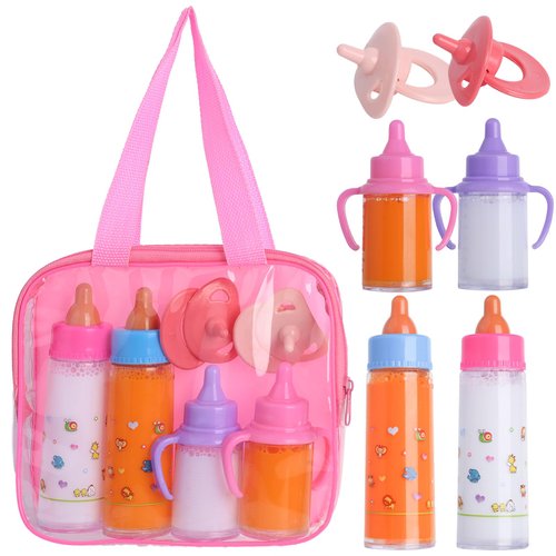 Beem Jun Baby Doll Bottles Accessories Set for Toddlers, 2 Milk Bottles 2 Juice Bottles and 2 Toy Pacifier, Doll Playset Accessories Handbag for Toddlers ﻿