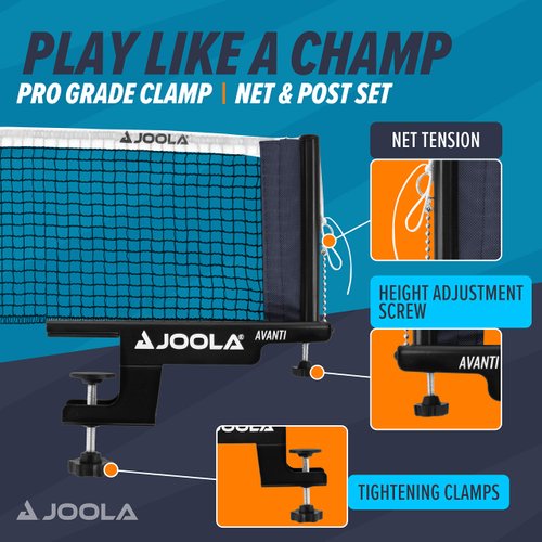 JOOLA Premium Avanti Table Tennis Net and Post Set - Portable and Easy Setup 72" Regulation Size Ping Pong Screw On Clamp Net, ‎ 72"L x 0.5"W x 6"H, White/Black
