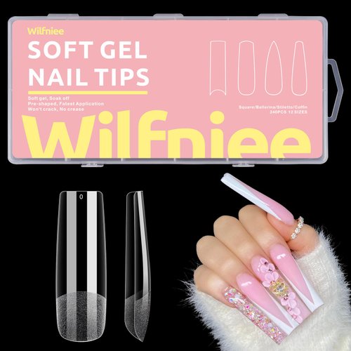 Wilfniee Soft Gel x Square Nail Tips, 240PCS Clear Ballerina Nail Tips for Acrylic Nail Tips Professional, Pre Shaped Full Cover Press on Nail Tips for Nail Polish Dip Powder Salons Home DIY