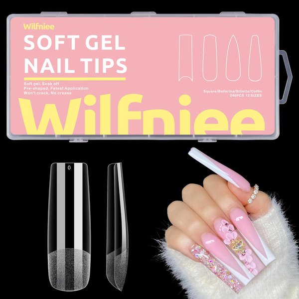 Wilfniee Soft Gel x Square Nail Tips, 240PCS Clear Ballerina Nail Tips for Acrylic Nail Tips Professional, Pre Shaped Full Cover Press on Nail Tips for Nail Polish Dip Powder Salons Home DIY
