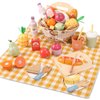 Pithfor Picnic Playset, Wooden Play Food Set for Kids Kitchen, Cutting Pretend Play Kitchen Food Toy for Toddlers Girls Boys 1 2 3 4 5 Years Old