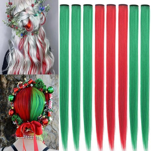 10 pcs Christmas Colored Hair Extensions Red Green Long Straight Hairpieces Hair Clip Synthetic for Women Christmas Party Favor Supplies