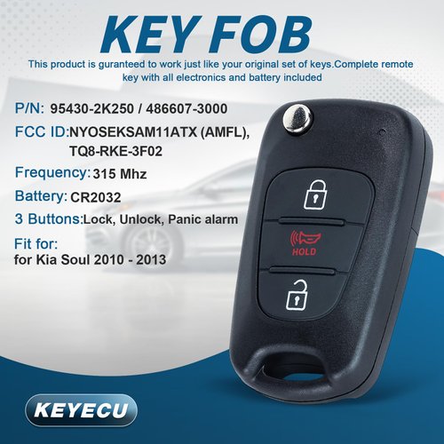 Keyecu Replacement Remote Key Fob for Kia Soul 2010 2011 2012 2013 ID46 315MHz FCC ID: NYOSEKSAM11ATX(AMFL) / 95430-2K340