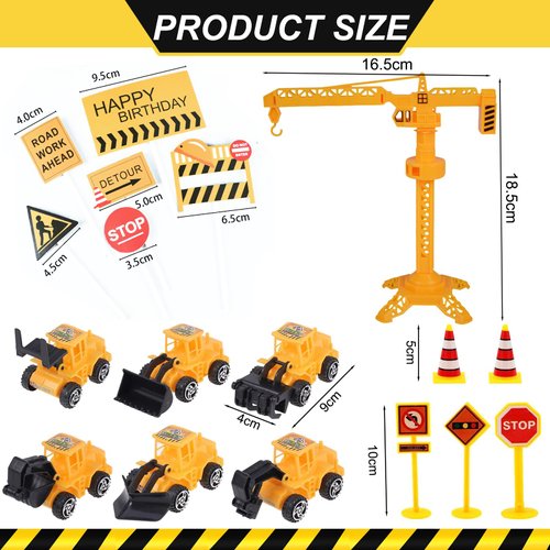 Construction Cake Topper, 18 PCS Construction Cake Decorations Set Excavator Tower Crane Cupcake Topper Traffic and Road Sign Decor Happy Birthday Party Supplies Favors