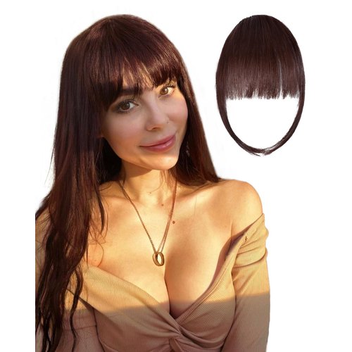 Rosooi Curtain Bangs Human Hair Clip in Bangs for Women Dark Auburn Brown Color Fake Air Bangs fo...