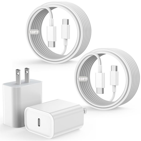 10FT iPhone 16 15 Charger Fast Charging, 2PACK 20W Apple iPhone 16 USB C Charger Block 10Foot Long USB C to USB C iPhone Charger Cable Fast Charging for iPhone 16/16 Pro/15 Pro/15 Pro Max/iPad Air/Pro