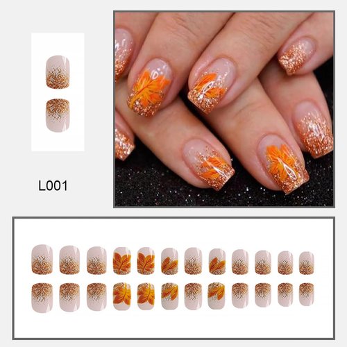 24Pcs Fall Press on Nails Short Square Fake Nails with Gold Glitter French Tip Design Full Cover Artificial Thanksgiving Nails Maple Leaf False Nails Autumn Stick on Nails for Women Acrylic Manicure