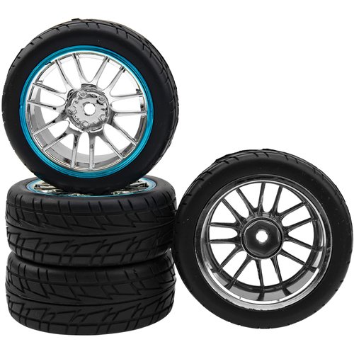 HIRCQOO 4Pcs 2.59in Rubber Tires & 12mm Hex Plastic Wheel Rims Set 14-Spoke w/Foam Compatible with Traxxas Kyosho HPI Tamiya Associated 1/10 RC On-Road Touring Car (Blue)