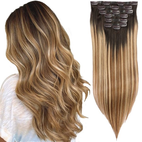 DIYOMO Seamless Hair Extensions - Real Human Hair,Human Hair Extensions Clip in Hair Extensions 120g 7pcs PU Clip In Hair Extensions Real Human Hair 14Inch P216 Dirty Blonde to Caramel Blonde