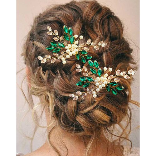 PRETTYLIFE Crystal Wedding Hair Pins Pearl Rhinestone Flower Bridal Hair Pieces Decorative Accessories for Women and Girls (Pack of 2) (Green)