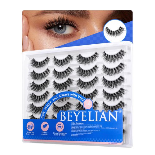 BEYELIAN 14 Pairs False Eyelashes Fluffy D Curl 6-15MM Cat Eye Lashes Wispy, 3D Volume Clear Band Faux Mink Lashes Soft and Lightweight, Reusable, Easy to Apply (14P-HSCS-48)