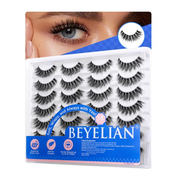BEYELIAN 14 Pairs False Eyelashes Fluffy D Curl 6-15MM Cat Eye Lashes Wispy, 3D Volume Clear Band Faux Mink Lashes Soft and Lightweight, Reusable, Easy to Apply (14P-HSCS-48)