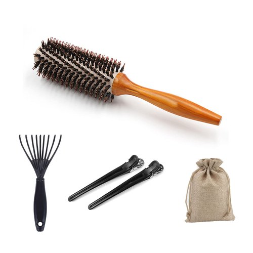 Round Hair Brush, Boar Bristles, Natural Wood Handle for All Hair Types, Professional Round Brush for Styling, Curling and Straightening, Includes 2 x Hair Clips, 1 Brush Cleaner and Storage Bag