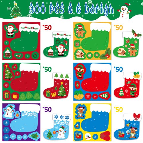 ANGOLIO 300PCS Christmas Stockings Scene Roll Make Your Own Christmas Stockings Stickers Craft Mix and Match DIY Sticker for Xmas Hoilday Party Favors Kid Sticker Game Classroom Reward Supply