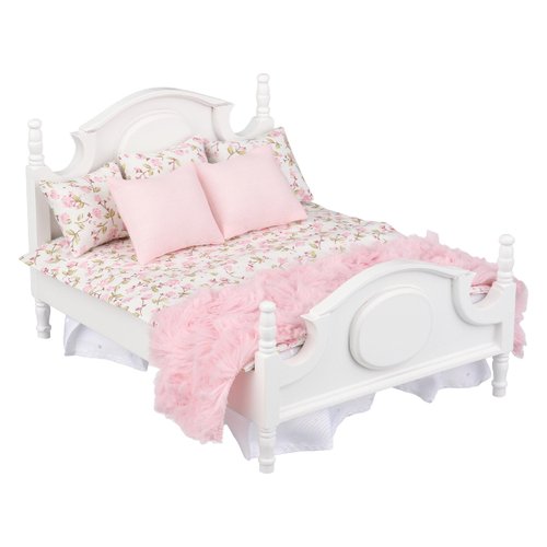 Dollhouse Furniture Mini Bed Set, Realistic Bedroom Accessories for 6 inch Dolls, Pillow, Wooden Frame, 1/12 Scale (White Bed, Pink Bedding)