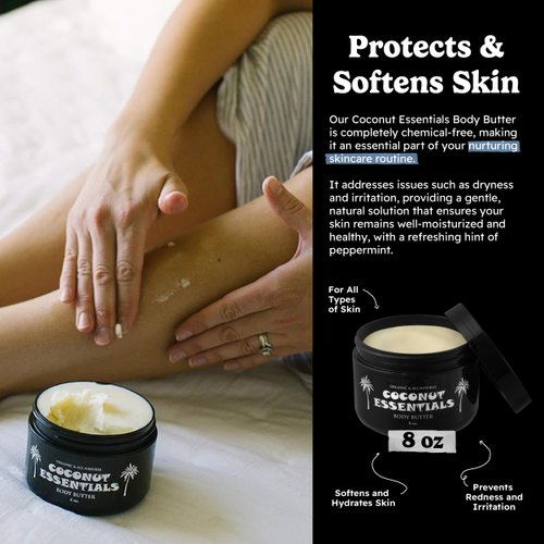 Coconut Essentials Moisturizing Body Butter - Coconut Oil, Vitamin E, Shea, Peppermint, Almond, Cocoa and Sunflower - for Beautiful and Glowing Skin!! 8 oz