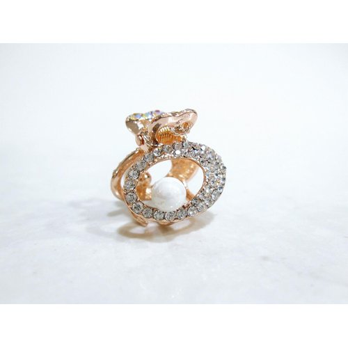 Small mini rose gold oval shaped hair claw clip with pearl and crystals
