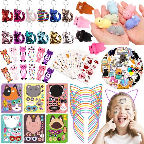 122Pcs Cat Party Favors for Kids - Cat Themed Birthday Party Supplies Cat Ears Headband Flip Sequin Cat Keychain Cat Tattoo Stickers Squeezing Stress Toys Goodie Bag Stuffers Pinata Fillers for Girls