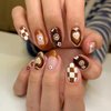 Short Press on Nails Fall Cute Face Fake Nails Winter Brown Oval Glue on Nails Glossy Coffee with Checkerboard Flower Heart Design Short Nails Full Cover French Tip False Nails for Women Girls