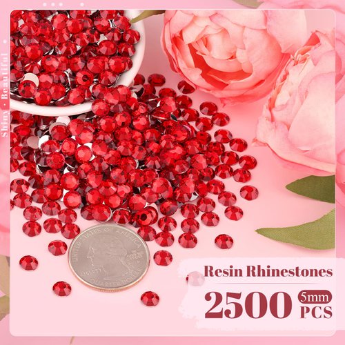 2500PCS 5mm Resin Rhinestones in Bulk (Red), Bedazzling Flatback Crystals for Crafts DIY Nail Decoration, Gems Charms for Tumbler Shoes Clothing Fabric with Pickup Pen and Tweezers