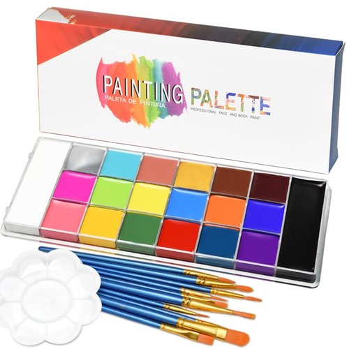 JACHOYI Face Body Paint Kit Professional 20 Colors Face Painting Kit Cosplay Makeup Palette Halloween Clown Makeup Kit Body Paint Arts Party Fancy Make Up with 10 Pink Face Paint Brushes