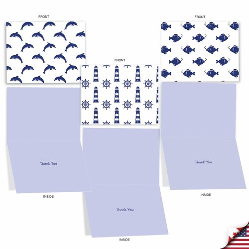 The Best Card Company - 10 Blue Thank You Notecards Boxed Set 4 x 5.12 inch w/Envelopes - Navy Ocean-Themed Pattern Greeting Cards Bulk Pack - Oceano-Graphix M2077