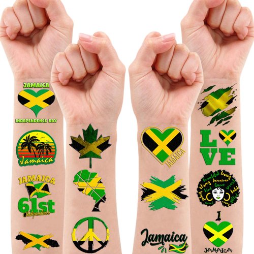 100 PCS Jamaica Flag Temporary Tattoos Themed Birthday Party Decorations Supplies Favors Decor Yellow Green Jamaican Palm Tree Tattoo Stickers Gifts For Game Kids Boys Girls Classroom School Prizes