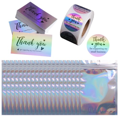620Pcs Thank You Business Cards Stickers Set Gold Foil Include 100 Thank You Business Card 500 Thank You for Supporting My Small Business Stickers 20 Resealable Packaging Bags Owners (Holographic)