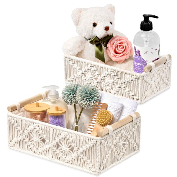 Sorbus Macrame Boho Decor Baskets - 2 Decorative Gift Baskets for Nursery, Baby Room, Toilet Tank Top - Lined Baby Basket Set for Organizing Changing Station, Linens, Clothes, Diapers, Toiletries