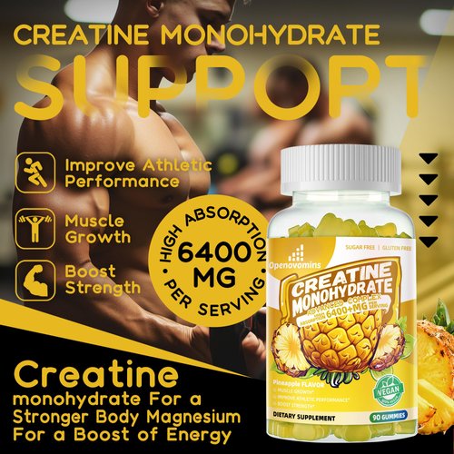 Creatine Monohydrate Gummies Complex 6400mg for Men & Women -Advanced Formula W/L-Taurine + Vitamin B12, Sugar Free Chewable Supplement,90 Pineapple Gummies