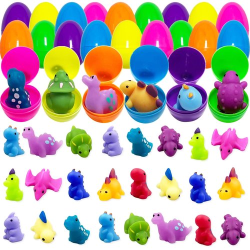 Pinkiwine 24 Pack Plastic Prefilled Easter Eggs with Dinosaur Mochi Squishy Toys Inside for Kids Boys Girls Toddlers Easter Basket Stuffers Gifts Egg Fillers