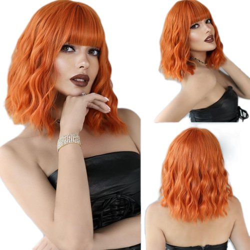 Tangyaoyusun 14Inch Short Wavy Curly Wig with Bangs Shoulder Length Bob Synthetic Wigs with Natural Wavy Hair for Daily Party Use (Auburn)