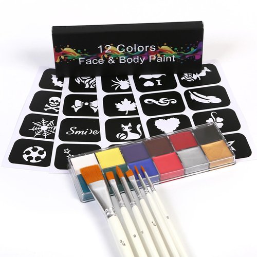 Face Paint Kit, Professional Face Body Paint Oil Based for Halloween Makeup 12 Colors Body Palette Makeup with 6 Pcs Brushes & Special Effects Sticker for Fake Blood, Non Toxic Facepaints Makeup