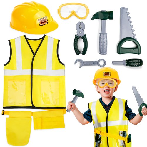 Popsunny Toddler Tool Set, Construction Worker Costume for Kids 3 4 5 6, Boys Girls Pretend Play Toys with Construction Vest, Hat & Adjustable Tool Belt