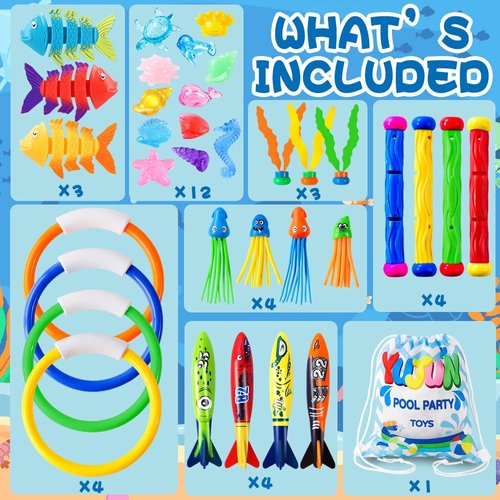 YUJUN 35PCS Pool Diving Swimming Toys, Summer Underwater Game Toys with Pool Fishes Dive Sticks Rings Gems Storage Bag for Kids Swim Birthday Party Favors