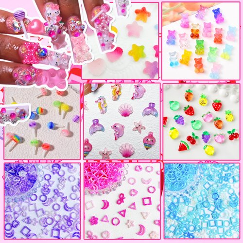 Namifin 3D Bear Nail Charms Bulk Y2K Lollipops Fruits Cherries Kawaii Gummies Oacen Beach Moon Bowknots Hearts Pearls Cute Nail Charms for Nail Art DIY Accessories
